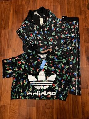 adidas Black Floral Track Jacket, tights and Logo Tee Set